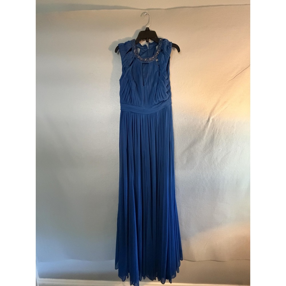Adrianna‎ Papell Dress Womens 6 Blue Beaded Pleated High Neck Chiffon Maxi Gown